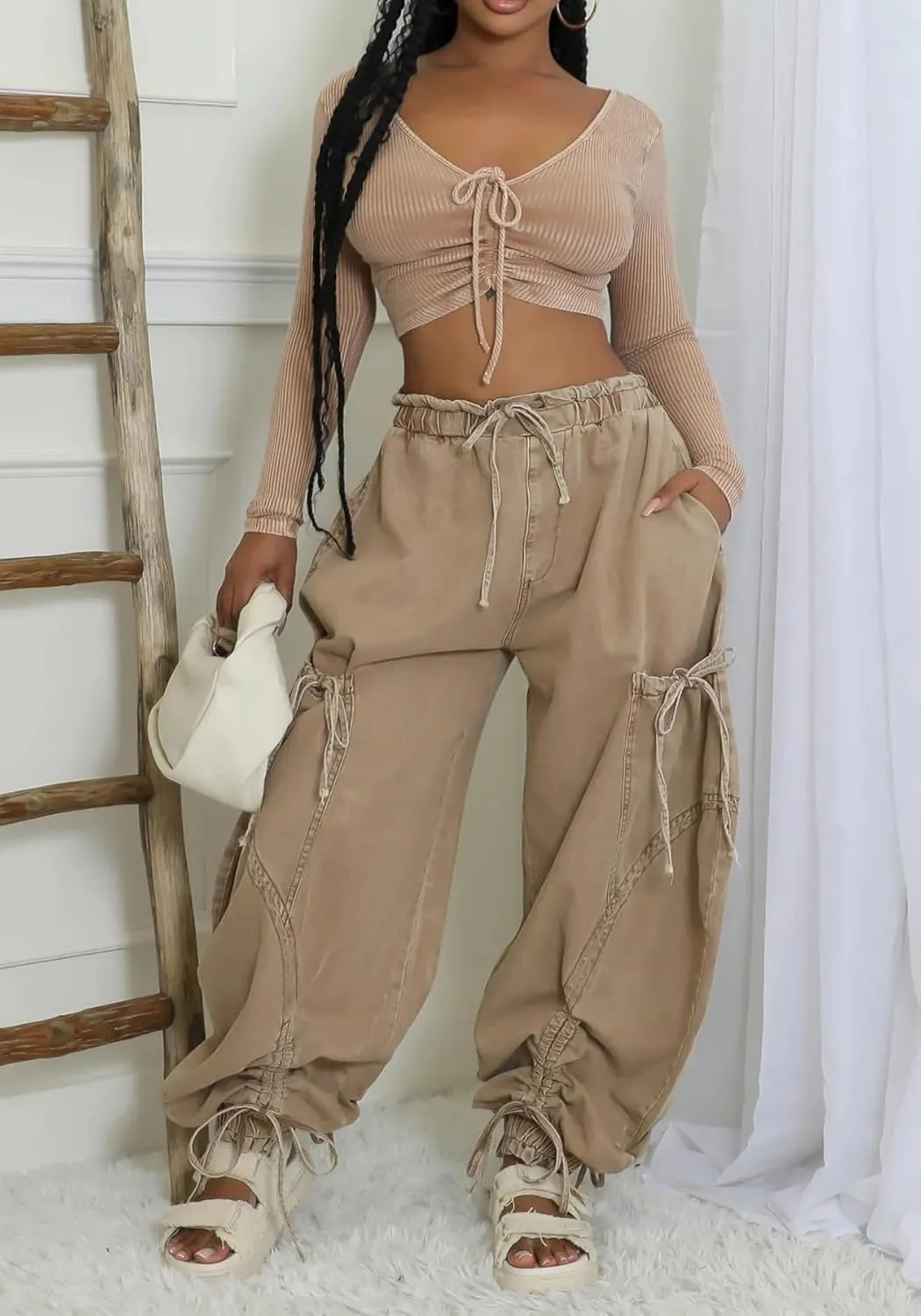Vakkest Wide Leg Baggy Jeans for Women Elastic Waist Pleated Drawstring Denim Harem Pants Casual Loose Cropped Trousers