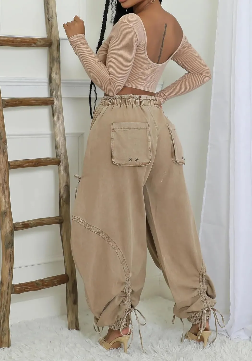 Vakkest Wide Leg Baggy Jeans for Women Elastic Waist Pleated Drawstring Denim Harem Pants Casual Loose Cropped Trousers