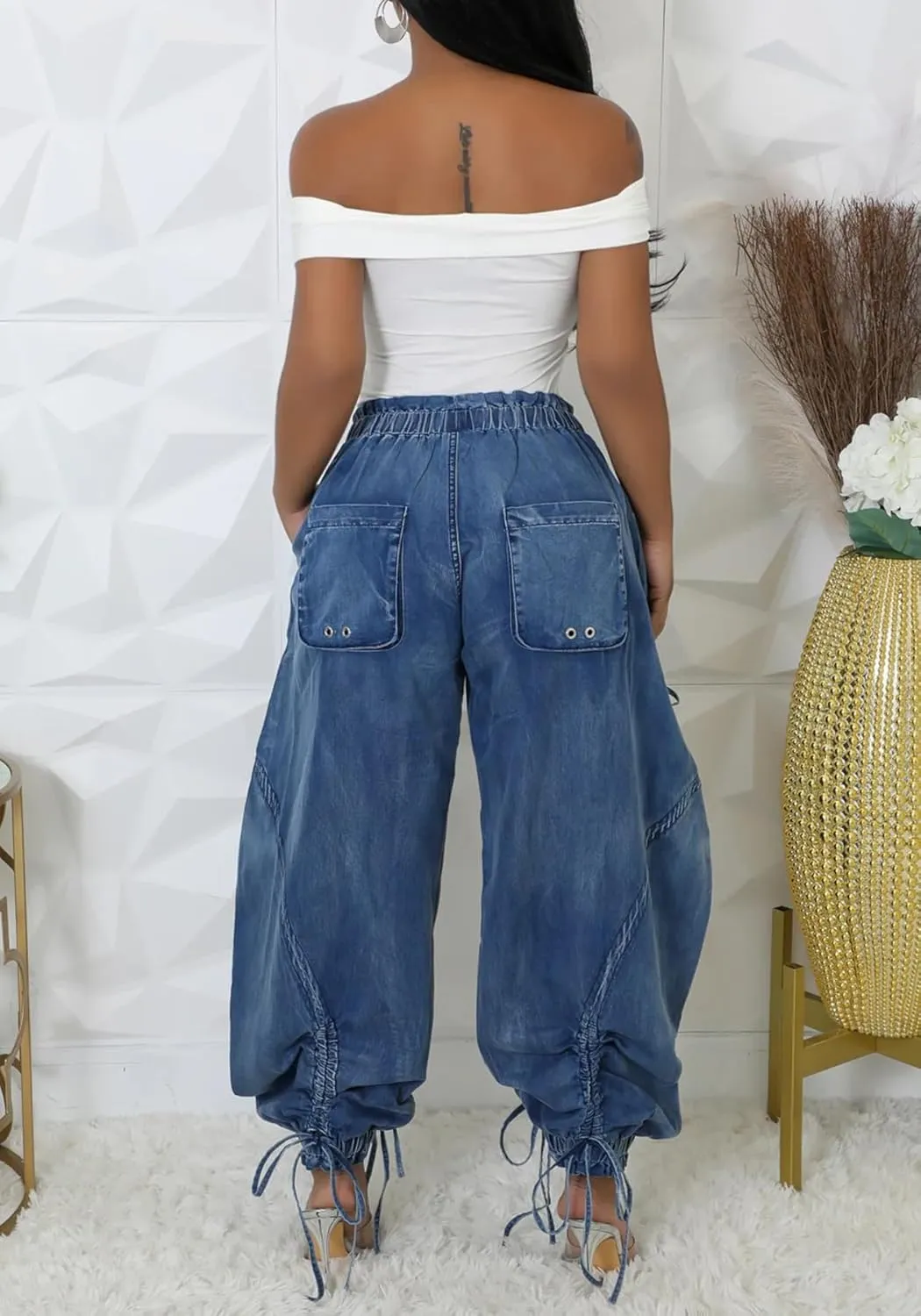 Vakkest Wide Leg Baggy Jeans for Women Elastic Waist Pleated Drawstring Denim Harem Pants Casual Loose Cropped Trousers