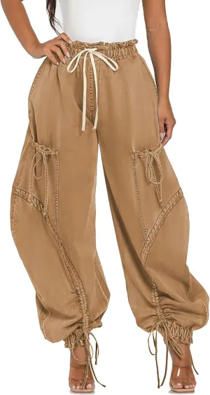Vakkest Wide Leg Baggy Jeans for Women Elastic Waist Pleated Drawstring Denim Harem Pants Casual Loose Cropped Trousers