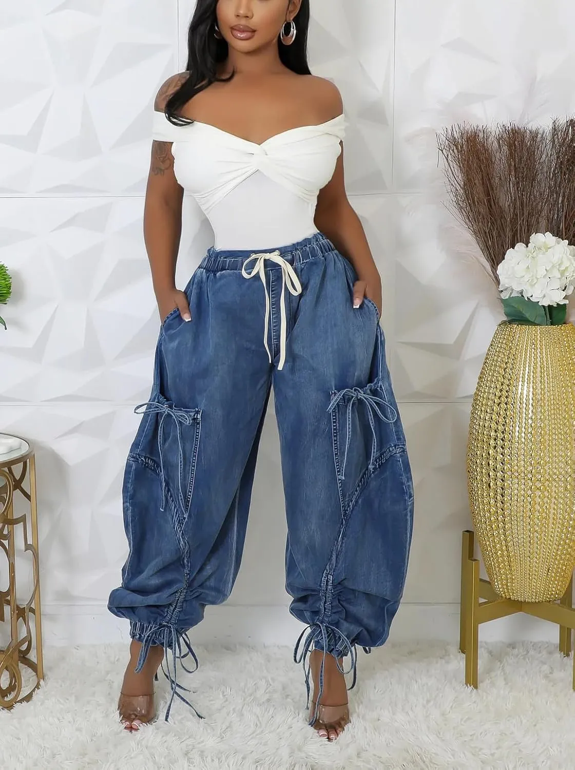 Vakkest Wide Leg Baggy Jeans for Women Elastic Waist Pleated Drawstring Denim Harem Pants Casual Loose Cropped Trousers