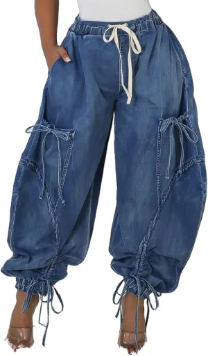 Vakkest Wide Leg Baggy Jeans for Women Elastic Waist Pleated Drawstring Denim Harem Pants Casual Loose Cropped Trousers