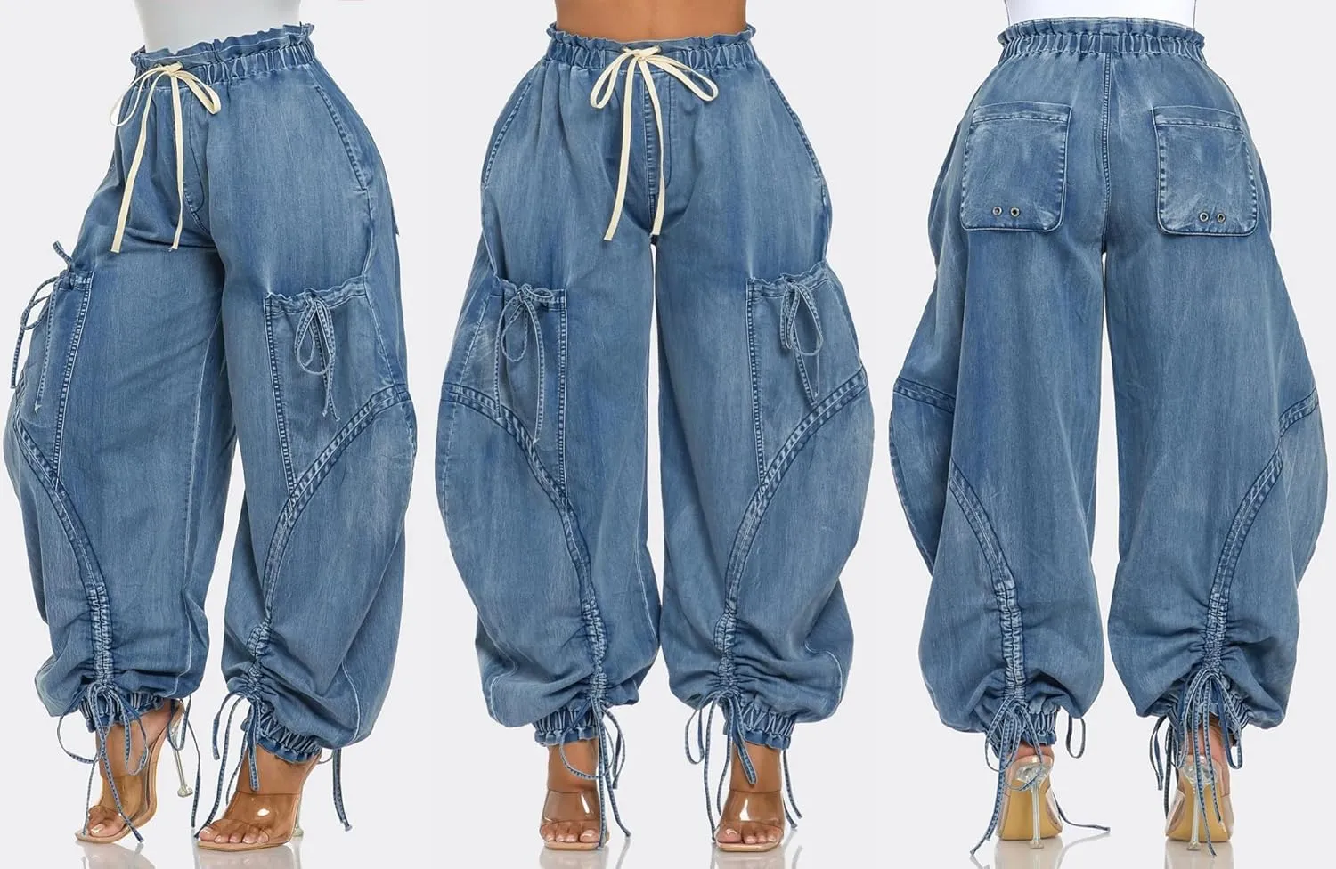 Vakkest Wide Leg Baggy Jeans for Women Elastic Waist Pleated Drawstring Denim Harem Pants Casual Loose Cropped Trousers