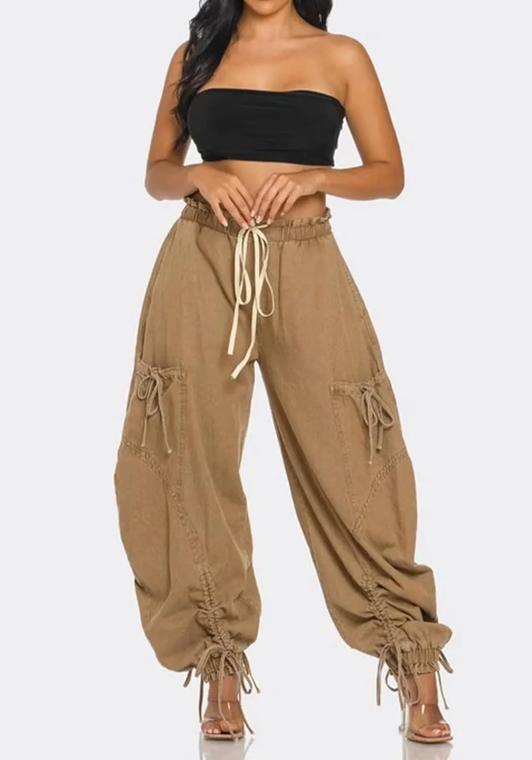 Vakkest Wide Leg Baggy Jeans for Women Elastic Waist Pleated Drawstring Denim Harem Pants Casual Loose Cropped Trousers