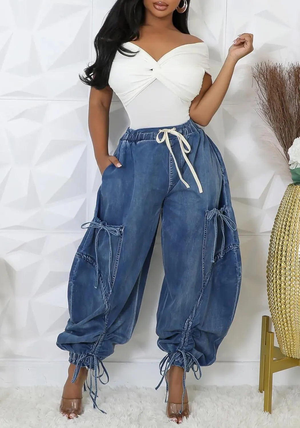 Vakkest Wide Leg Baggy Jeans for Women Elastic Waist Pleated Drawstring Denim Harem Pants Casual Loose Cropped Trousers