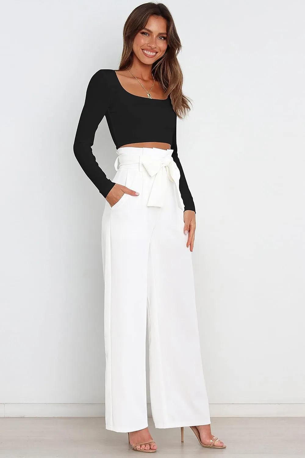 Wide Leg Pants for Women,Casual Dress Pants for Work High Waist Belted Palazzo Trousers with Pockets