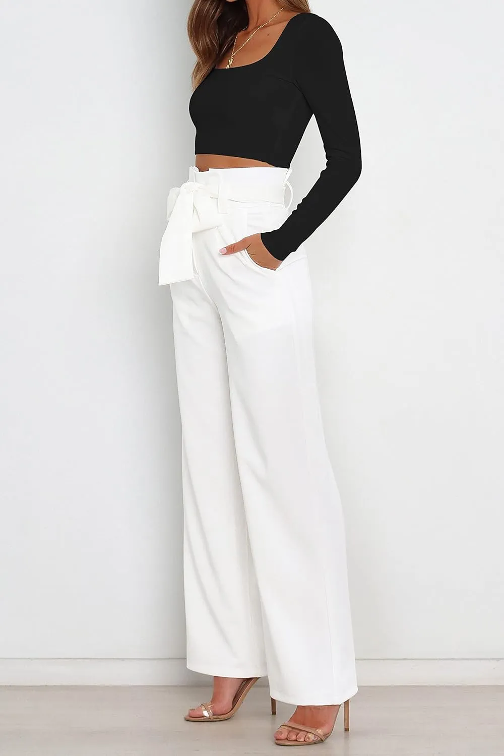 Wide Leg Pants for Women,Casual Dress Pants for Work High Waist Belted Palazzo Trousers with Pockets