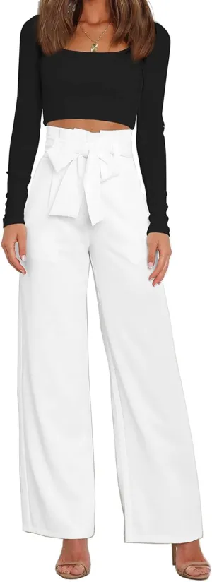 Wide Leg Pants for Women,Casual Dress Pants for Work High Waist Belted Palazzo Trousers with Pockets