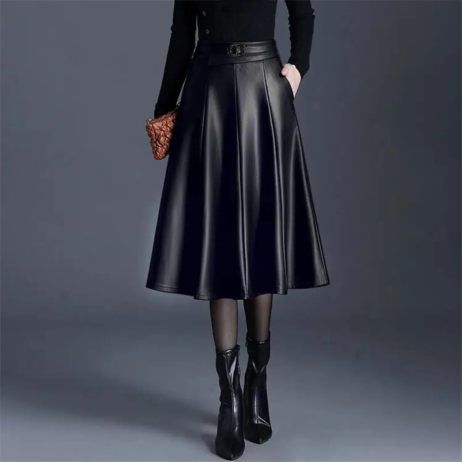 Winter Midi Faux Leather Skirt Women Solid Color High Waisted Pleated A-Line Skirts