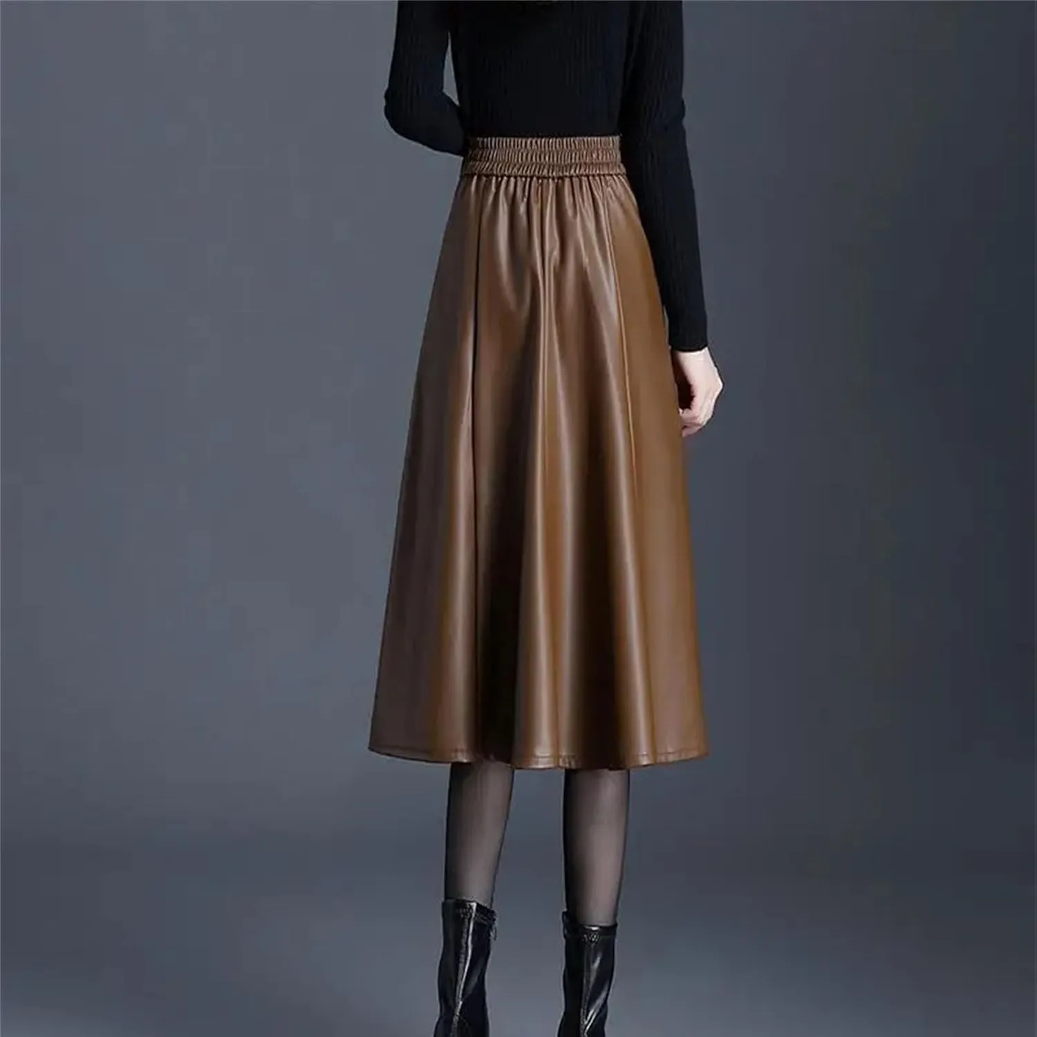 Winter Midi Faux Leather Skirt Women Solid Color High Waisted Pleated A-Line Skirts