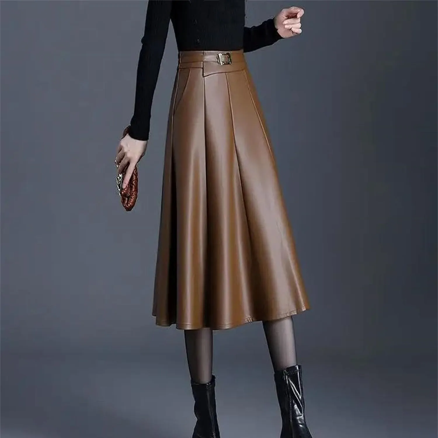 Winter Midi Faux Leather Skirt Women Solid Color High Waisted Pleated A-Line Skirts