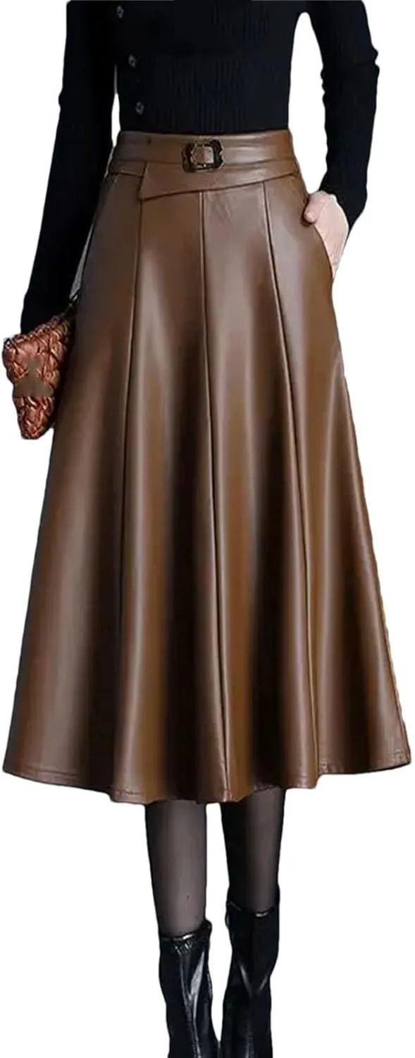Winter Midi Faux Leather Skirt Women Solid Color High Waisted Pleated A-Line Skirts