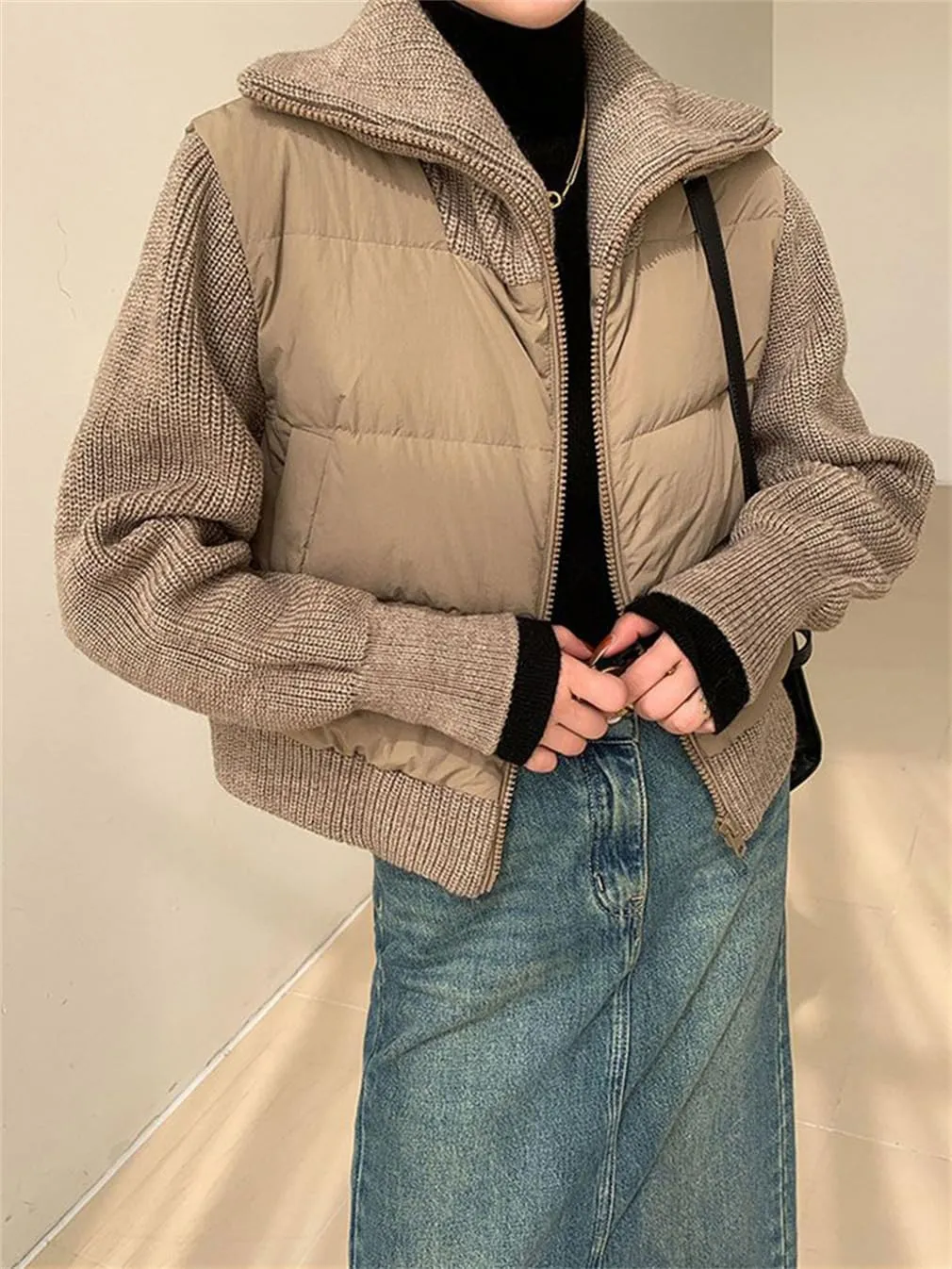 Winter Warm Parka Patchwork Knitted Women Jacket Cotton Padded Jackets Female Coat Outwear