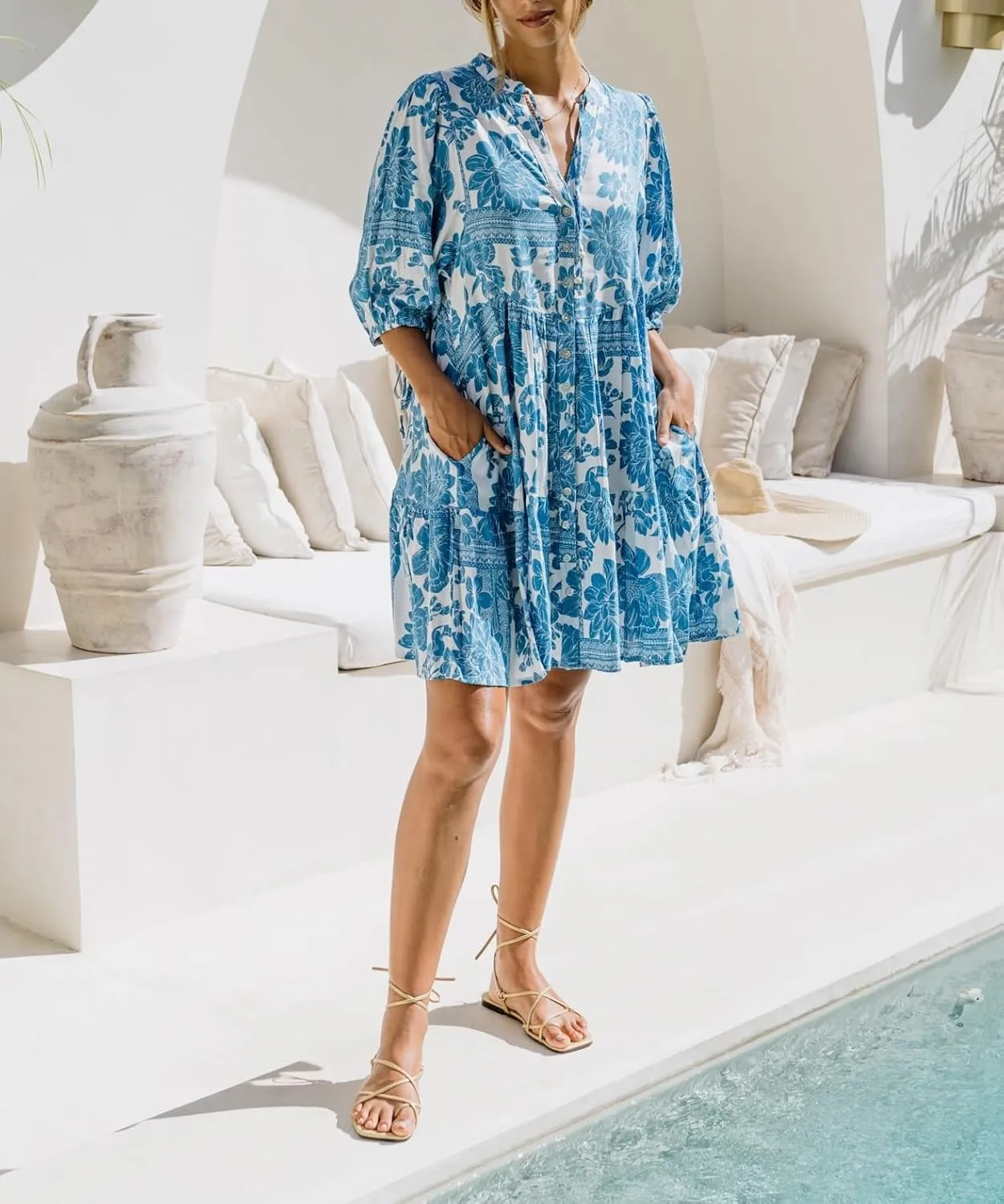 Women Bohemian Floral Mini Dress Puff Sleeve Flowy Babydoll Dress V Neck Y2k Boho Summer Beach Sundress
