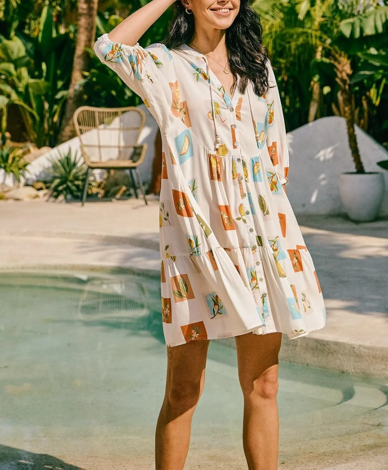Women Bohemian Floral Mini Dress Puff Sleeve Flowy Babydoll Dress V Neck Y2k Boho Summer Beach Sundress