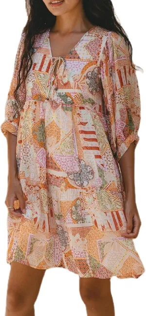 Women Bohemian Floral Mini Dress Puff Sleeve Flowy Babydoll Dress V Neck Y2k Boho Summer Beach Sundress