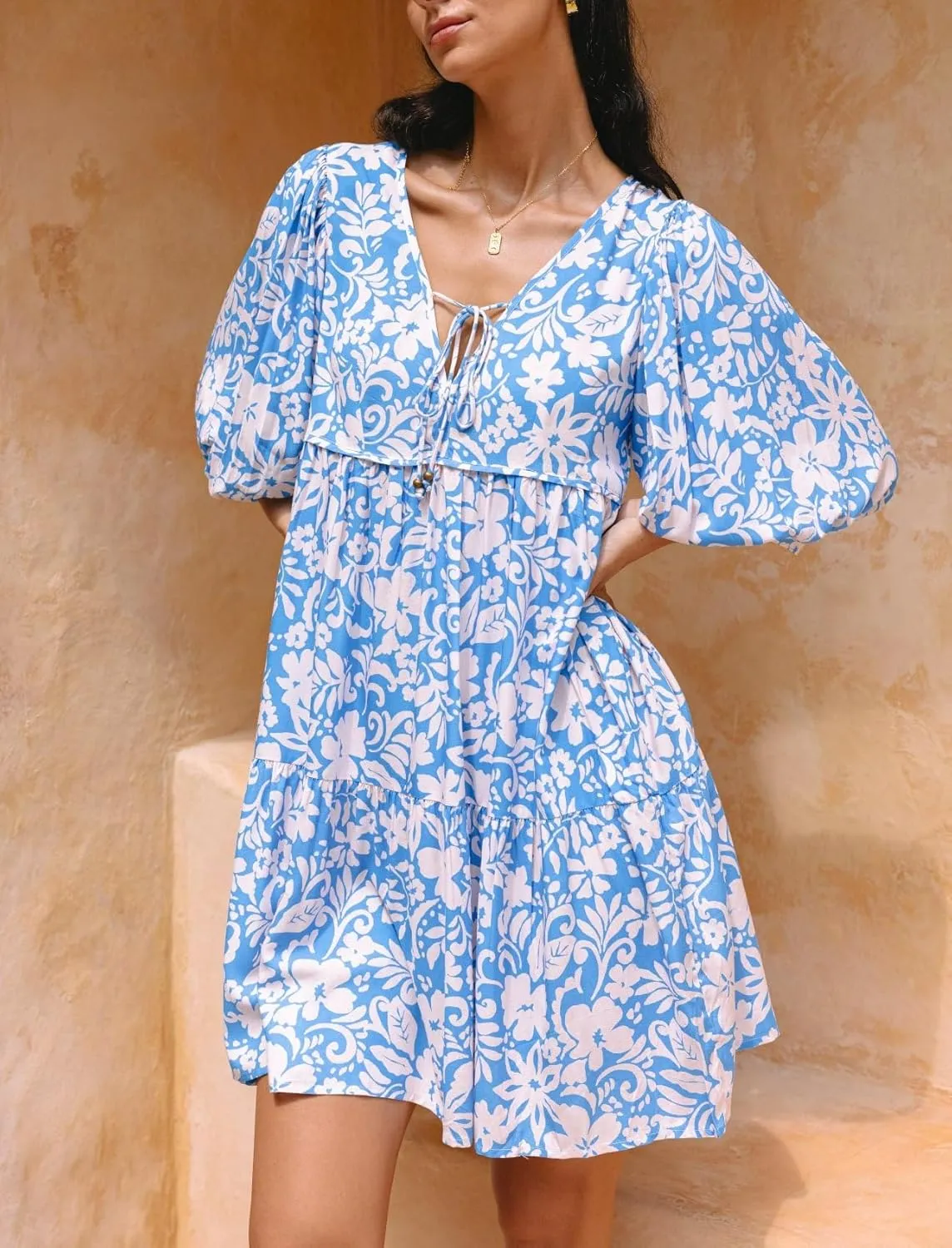 Women Bohemian Floral Mini Dress Puff Sleeve Flowy Babydoll Dress V Neck Y2k Boho Summer Beach Sundress