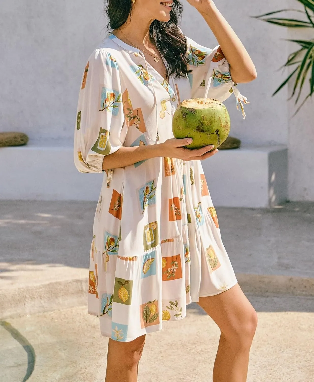 Women Bohemian Floral Mini Dress Puff Sleeve Flowy Babydoll Dress V Neck Y2k Boho Summer Beach Sundress