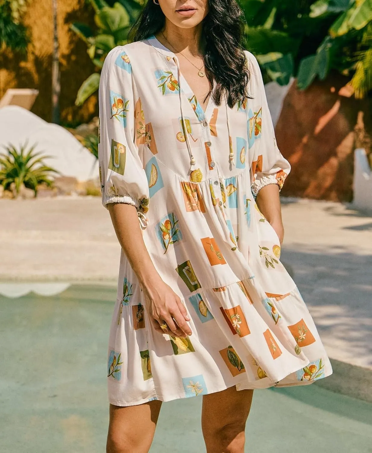 Women Bohemian Floral Mini Dress Puff Sleeve Flowy Babydoll Dress V Neck Y2k Boho Summer Beach Sundress