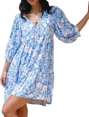 Women Bohemian Floral Mini Dress Puff Sleeve Flowy Babydoll Dress V Neck Y2k Boho Summer Beach Sundress