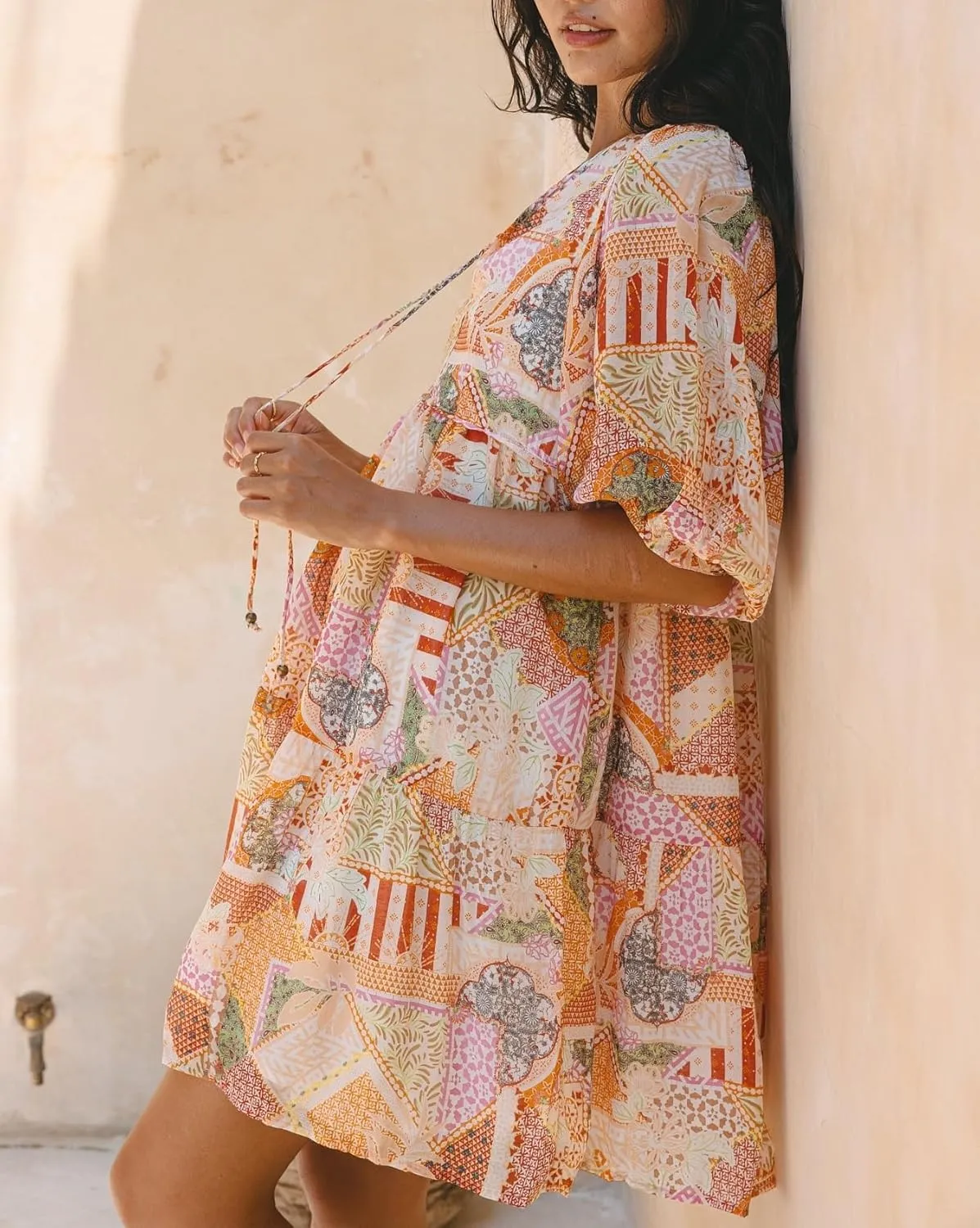 Women Bohemian Floral Mini Dress Puff Sleeve Flowy Babydoll Dress V Neck Y2k Boho Summer Beach Sundress