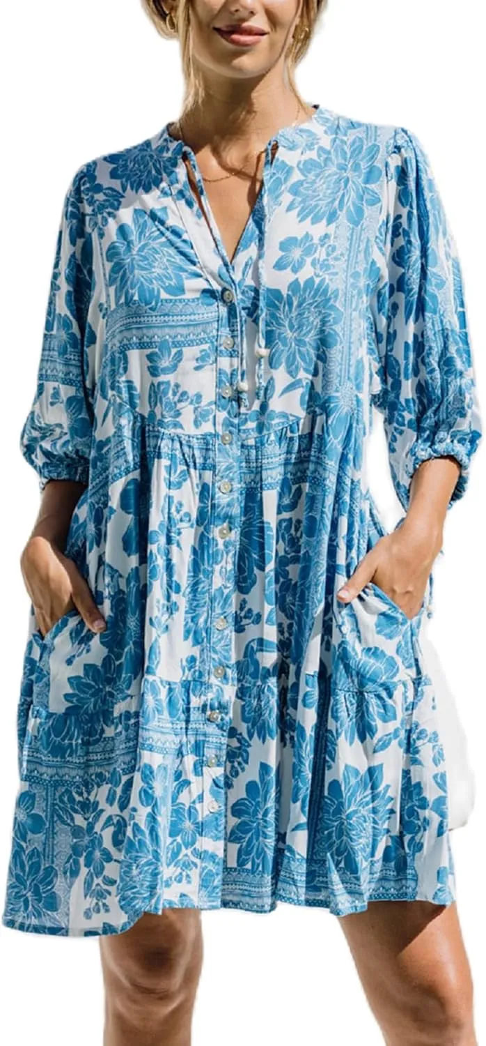 Women Bohemian Floral Mini Dress Puff Sleeve Flowy Babydoll Dress V Neck Y2k Boho Summer Beach Sundress