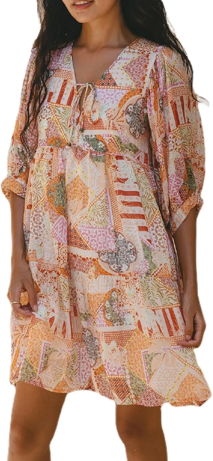 Women Bohemian Floral Mini Dress Puff Sleeve Flowy Babydoll Dress V Neck Y2k Boho Summer Beach Sundress