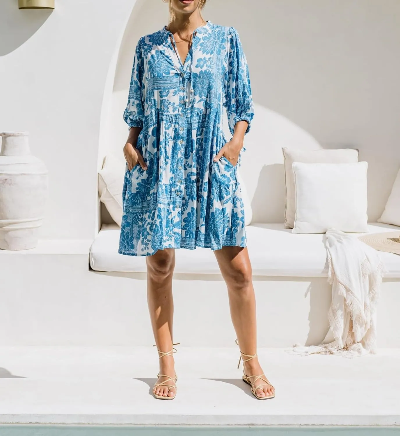 Women Bohemian Floral Mini Dress Puff Sleeve Flowy Babydoll Dress V Neck Y2k Boho Summer Beach Sundress