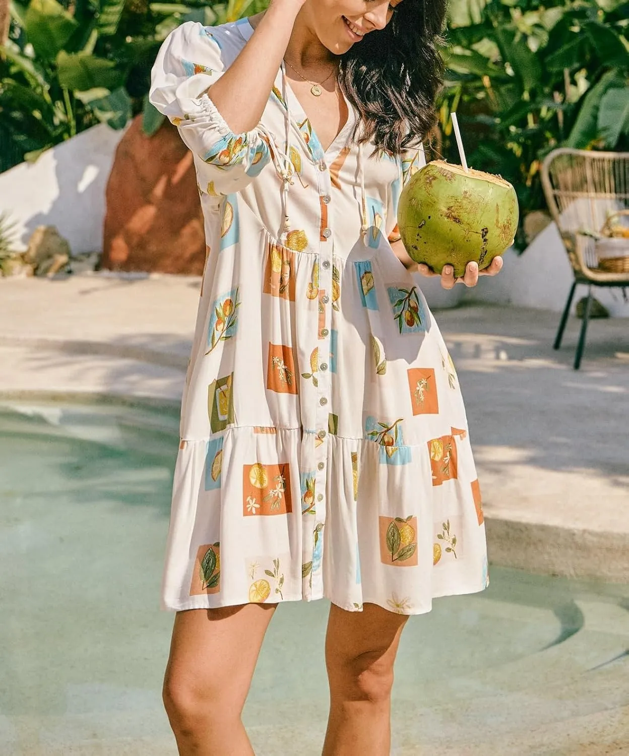 Women Bohemian Floral Mini Dress Puff Sleeve Flowy Babydoll Dress V Neck Y2k Boho Summer Beach Sundress
