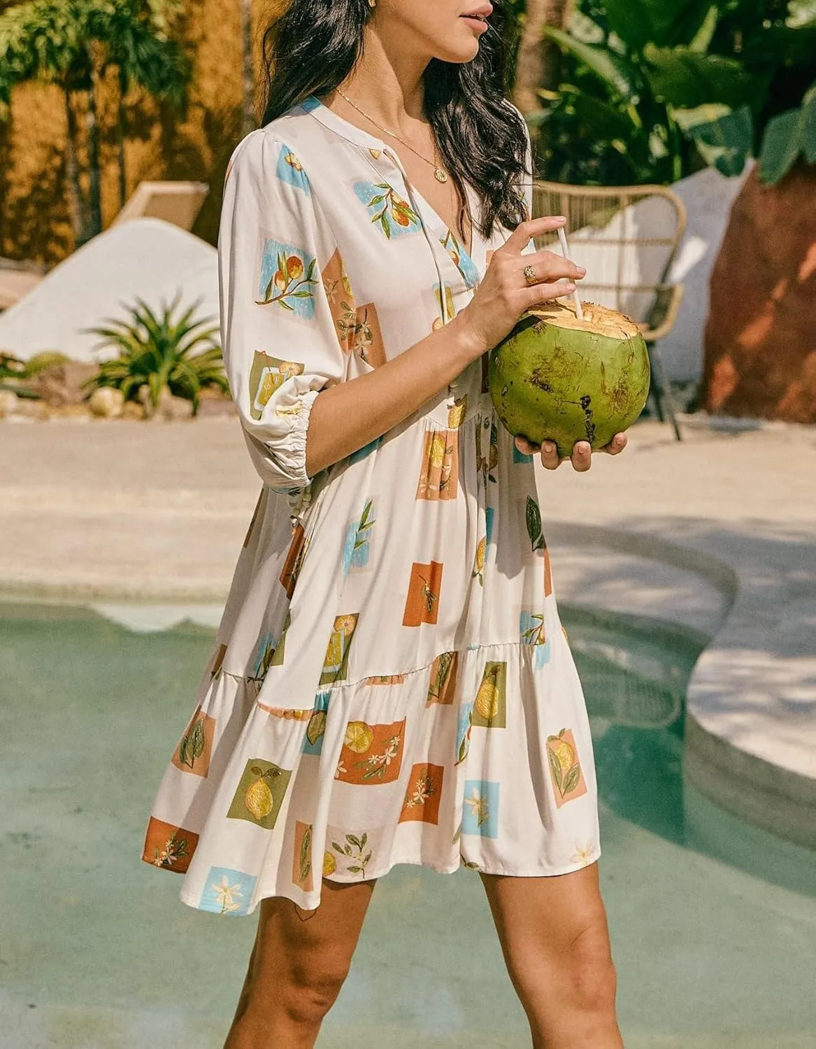 Women Bohemian Floral Mini Dress Puff Sleeve Flowy Babydoll Dress V Neck Y2k Boho Summer Beach Sundress