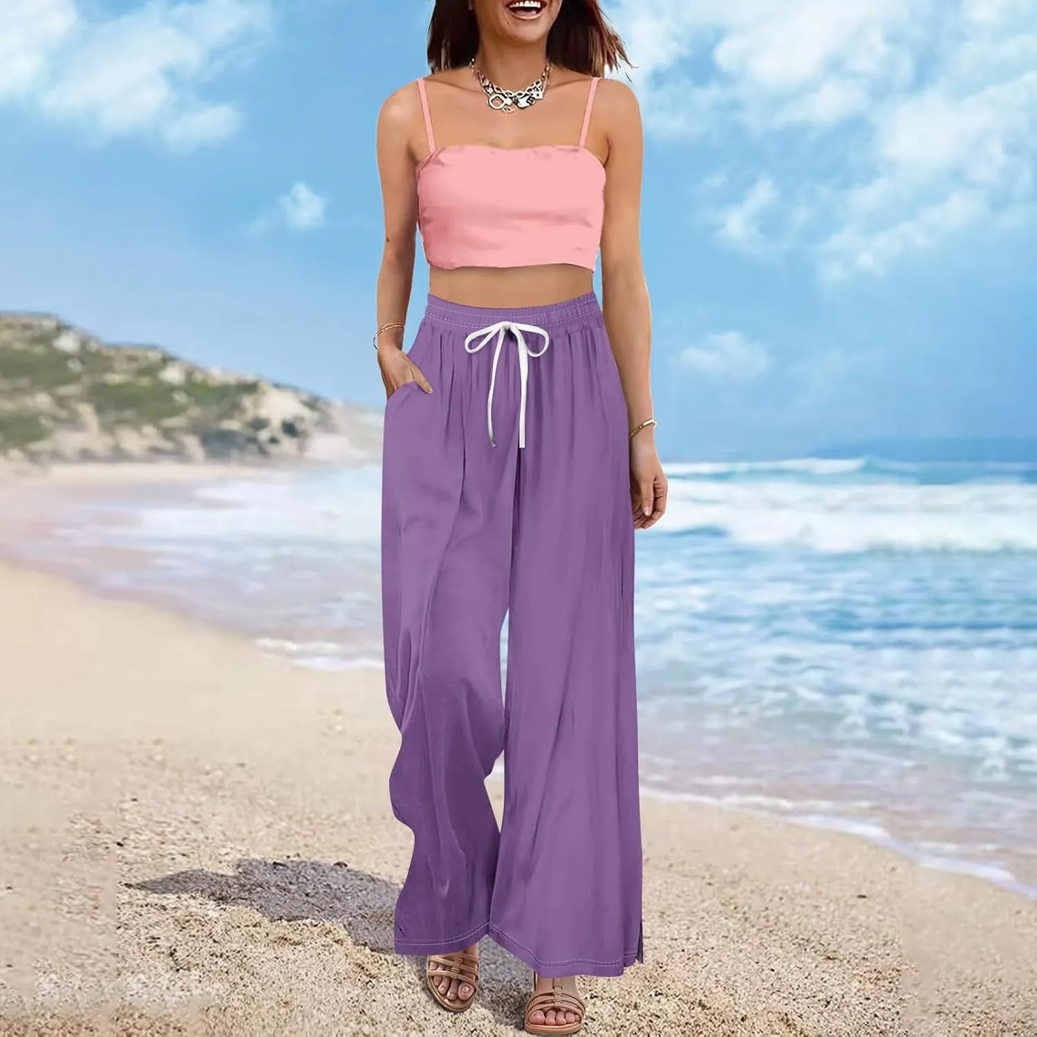Women Casual Summer Boho Palazzo Pants High Waist Wide Leg Floral Beach Vacation Trousers with Pockets