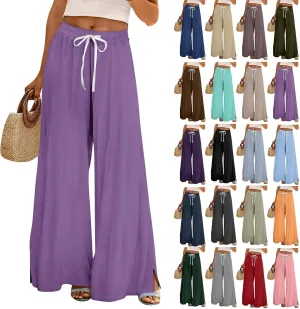 Women Casual Summer Boho Palazzo Pants High Waist Wide Leg Floral Beach Vacation Trousers with Pockets