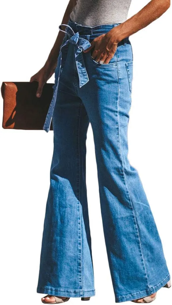 Women Classic Flare Jeans High Waist Bell Bottom Denim Pants Stretch Wide Leg Trousers