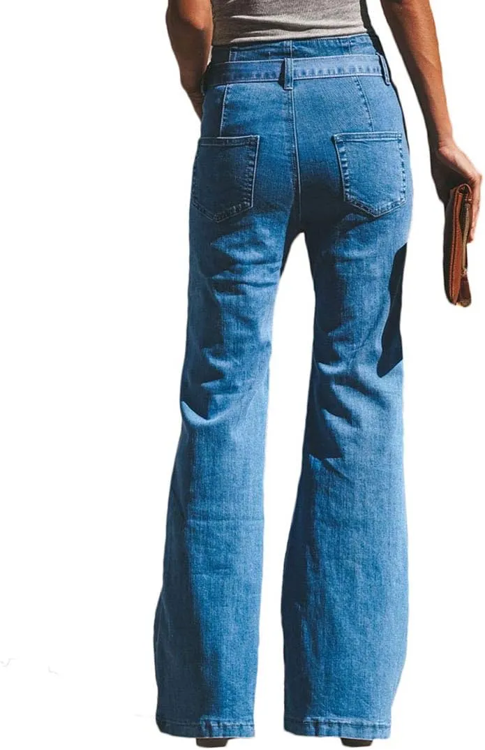 Women Classic Flare Jeans High Waist Bell Bottom Denim Pants Stretch Wide Leg Trousers