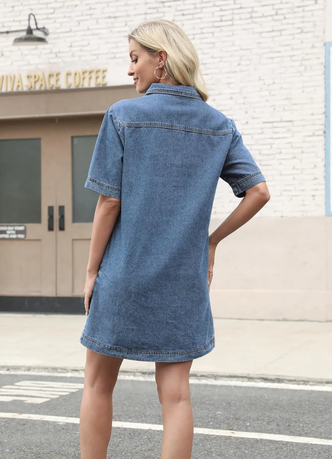 Women Denim Dress Summer Deep V Neck Short Sleeve Casual Loose Collared Shift Mini Jean Dress with Pockets