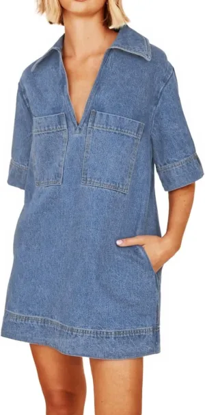 Women Denim Dress Summer Deep V Neck Short Sleeve Casual Loose Collared Shift Mini Jean Dress with Pockets