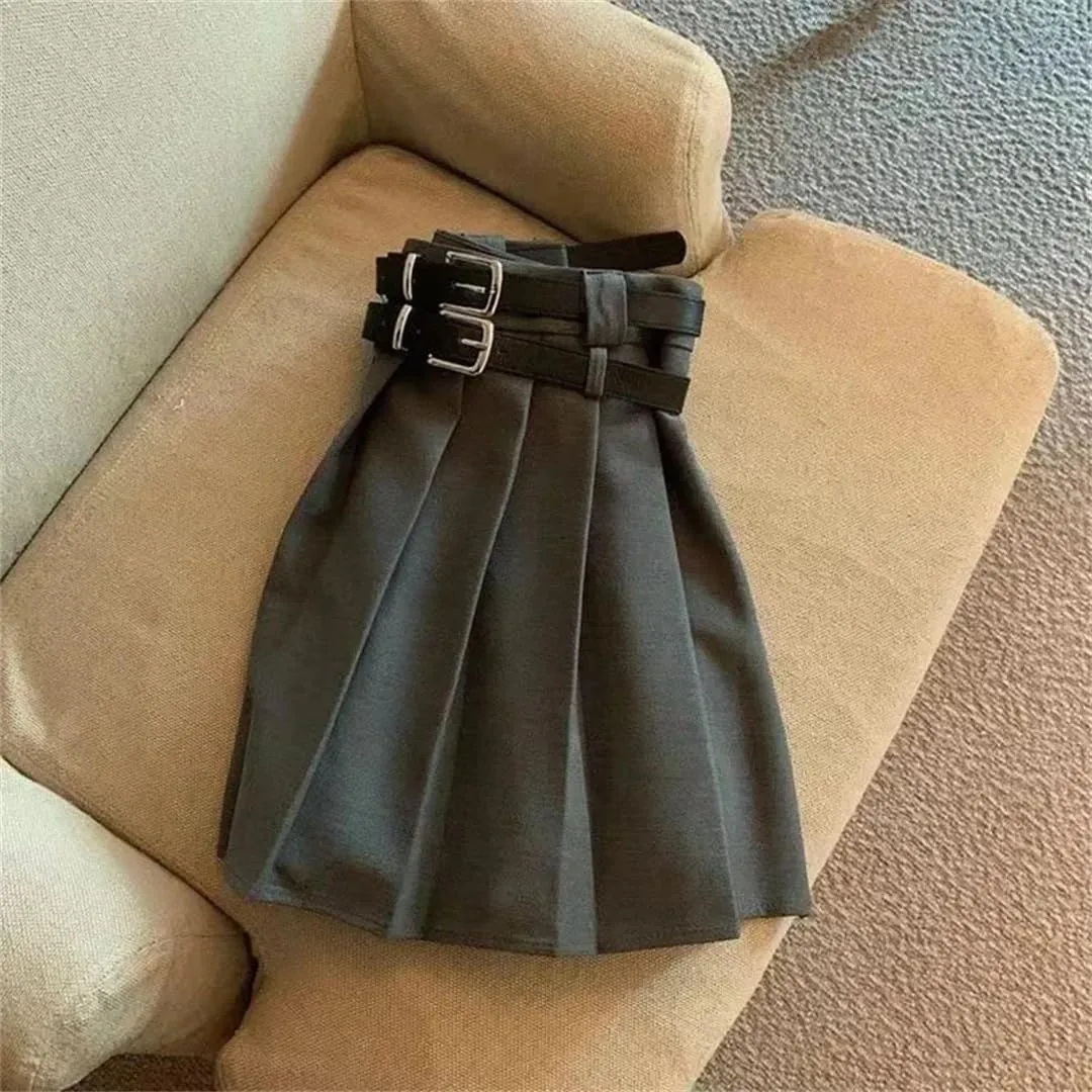 Women Fashion Double Belt High Waisted Pleated Skirt Vintage Mini Skirts