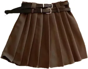 Women Fashion Double Belt High Waisted Pleated Skirt Vintage Mini Skirts