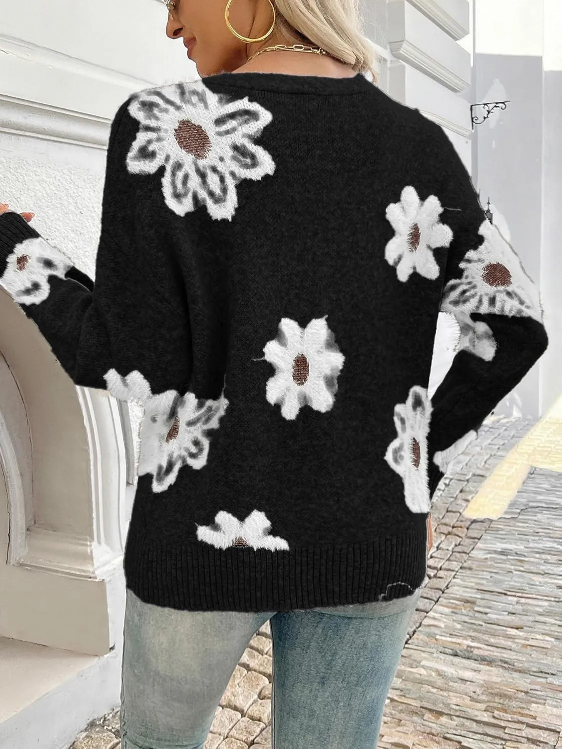Women Floral Print Cardigan Long Sleeve Button Down V Neck Drop Shoulder Knit Cute Outerwear Sweater