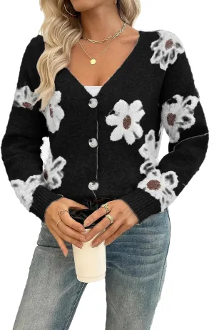 Women Floral Print Cardigan Long Sleeve Button Down V Neck Drop Shoulder Knit Cute Outerwear Sweater