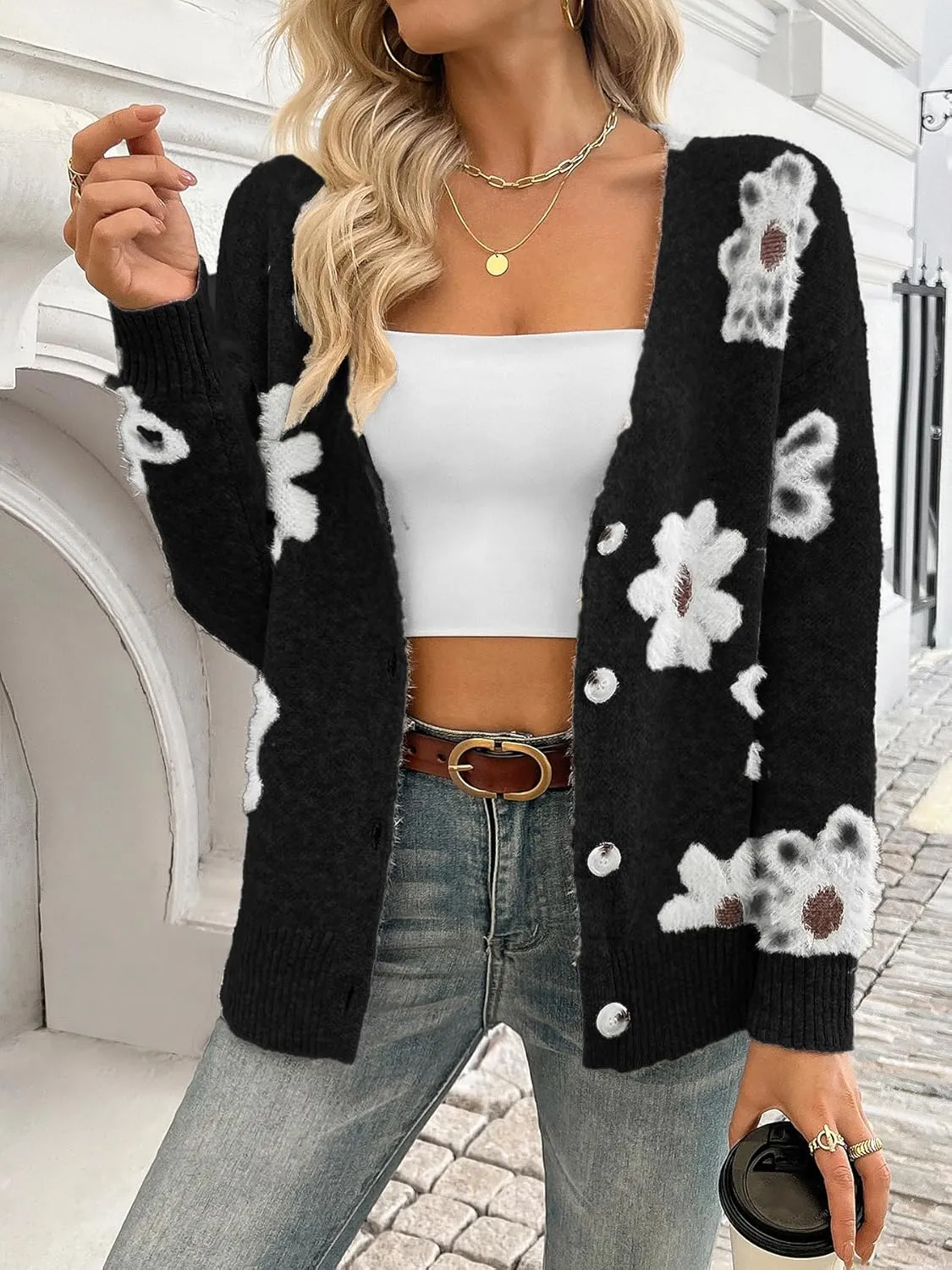 Women Floral Print Cardigan Long Sleeve Button Down V Neck Drop Shoulder Knit Cute Outerwear Sweater