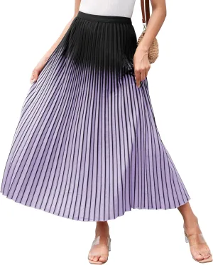 Women Gradient Color Casual A-Line Pleated Maxi Skirt Elastic High Waist Flowy Long Skirts