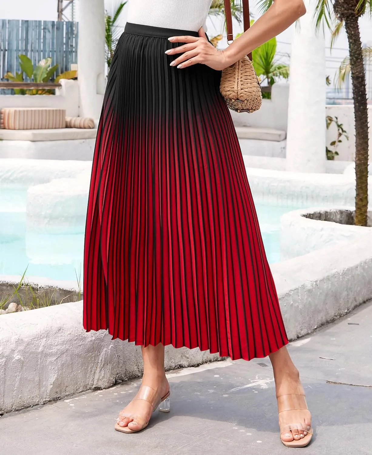 Women Gradient Color Casual A-Line Pleated Maxi Skirt Elastic High Waist Flowy Long Skirts