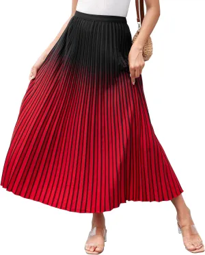 Women Gradient Color Casual A-Line Pleated Maxi Skirt Elastic High Waist Flowy Long Skirts
