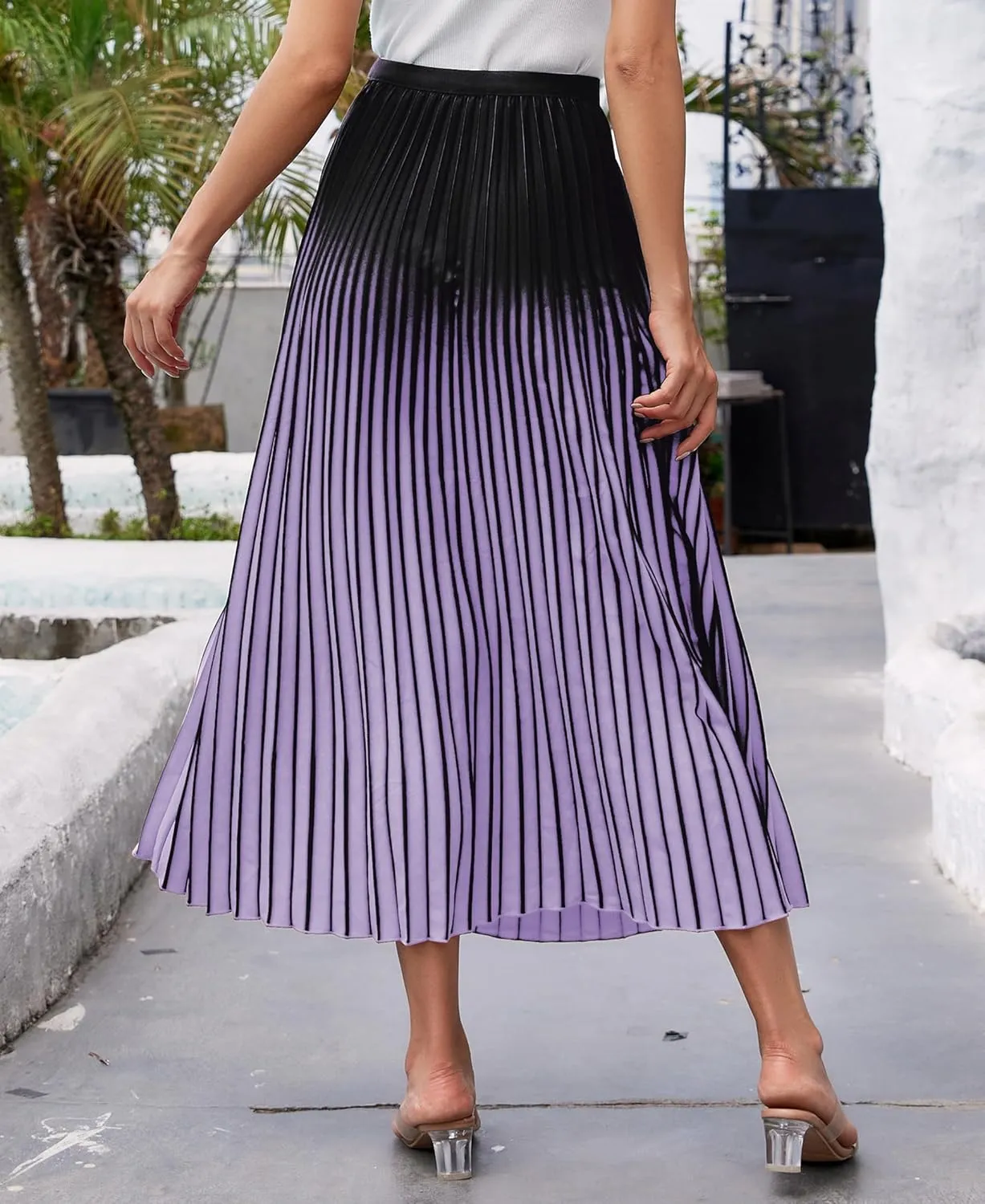 Women Gradient Color Casual A-Line Pleated Maxi Skirt Elastic High Waist Flowy Long Skirts