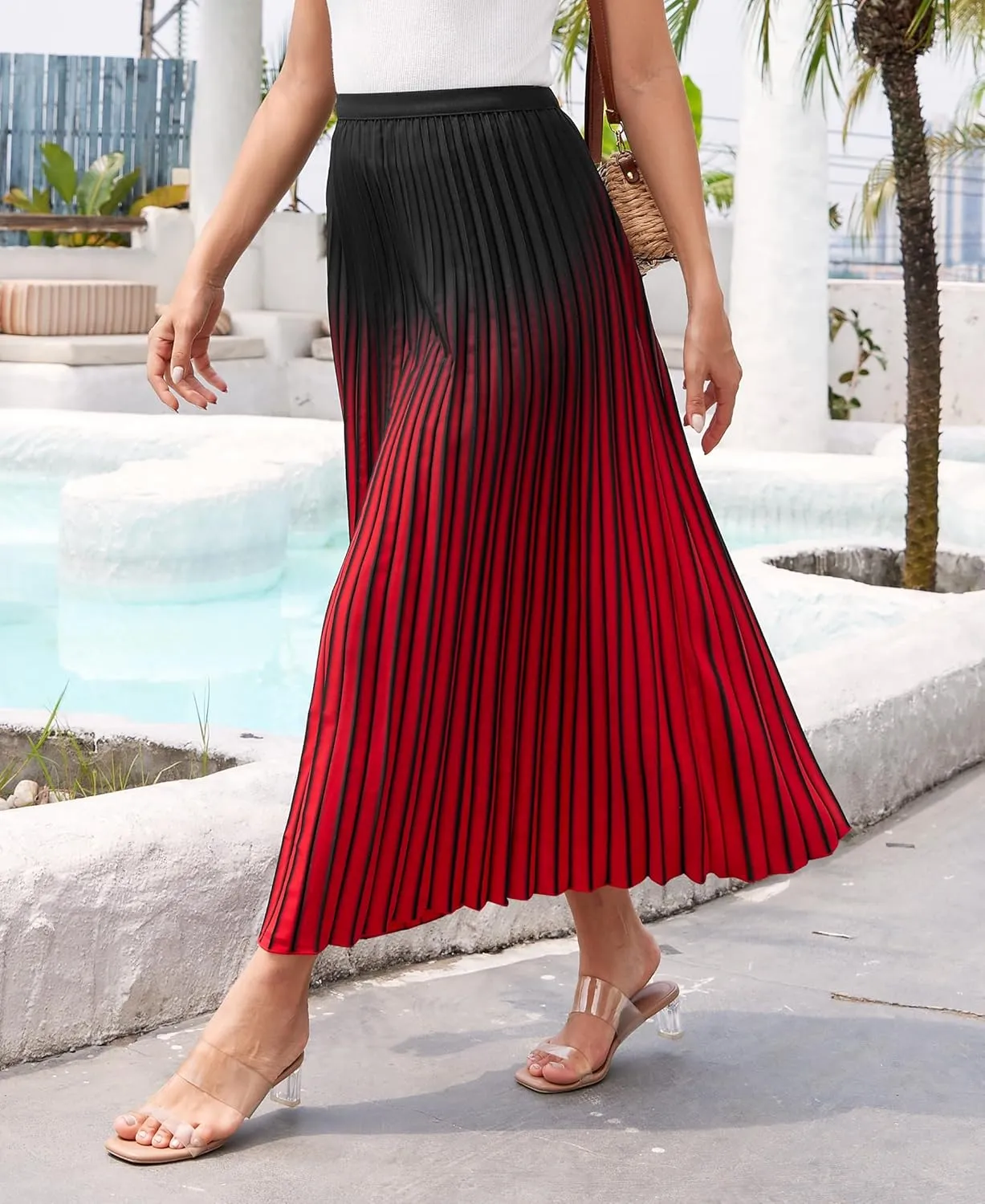 Women Gradient Color Casual A-Line Pleated Maxi Skirt Elastic High Waist Flowy Long Skirts