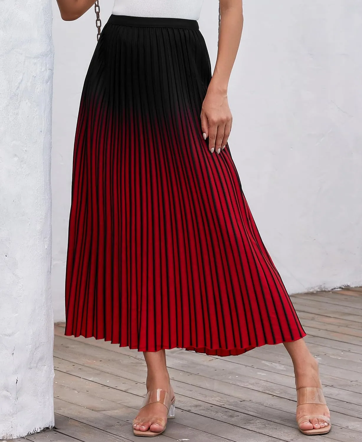 Women Gradient Color Casual A-Line Pleated Maxi Skirt Elastic High Waist Flowy Long Skirts