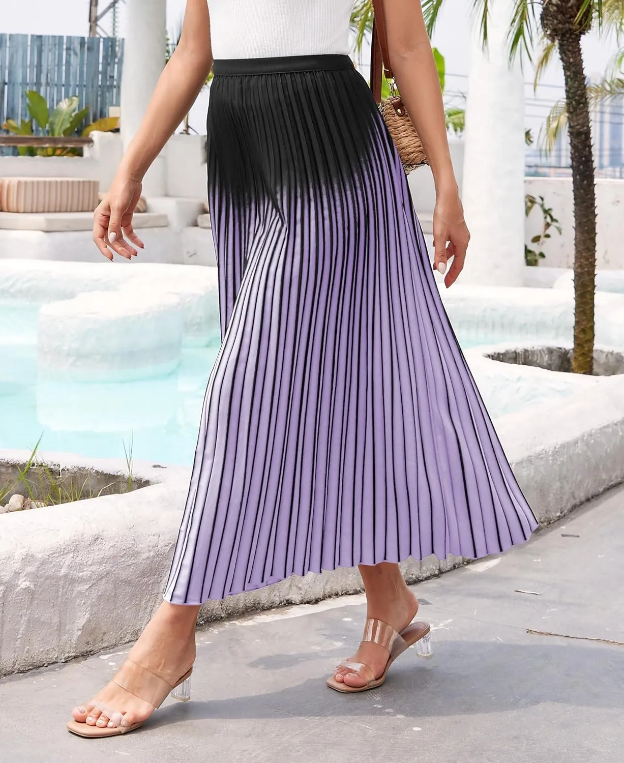 Women Gradient Color Casual A-Line Pleated Maxi Skirt Elastic High Waist Flowy Long Skirts