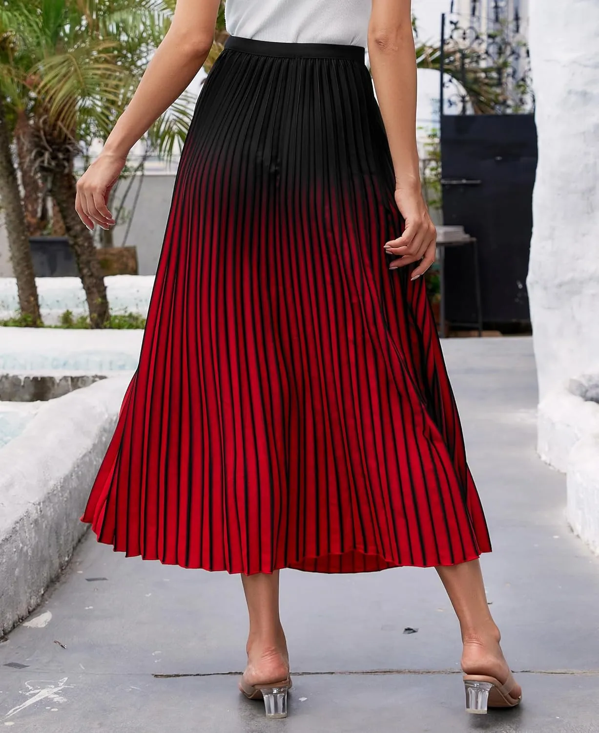 Women Gradient Color Casual A-Line Pleated Maxi Skirt Elastic High Waist Flowy Long Skirts