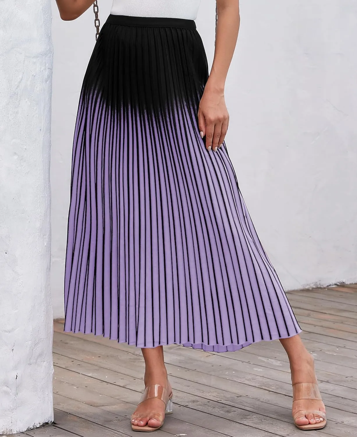 Women Gradient Color Casual A-Line Pleated Maxi Skirt Elastic High Waist Flowy Long Skirts